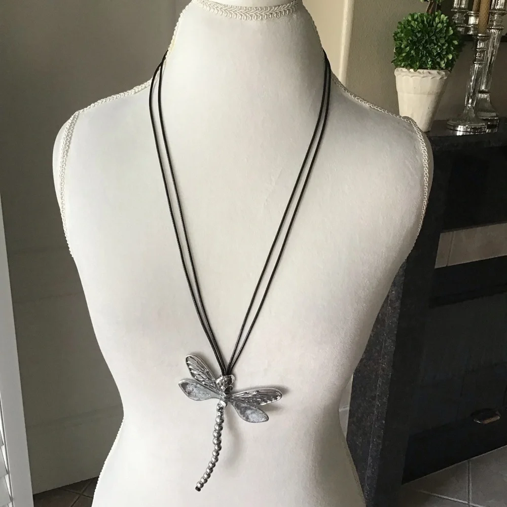 LAST 1! NEW Dragonfly Statement Necklace Movable Wings Gardener Black Cord Lucky